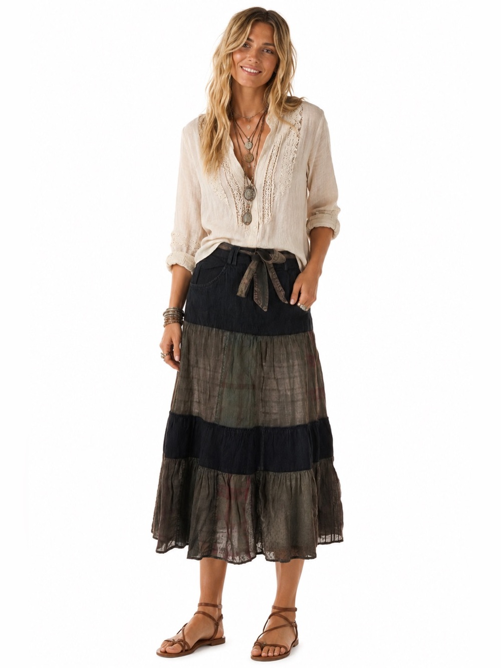 Young Threads Boho Tiered Maxi Skirt in Olive & Black with Self-Tie Waist